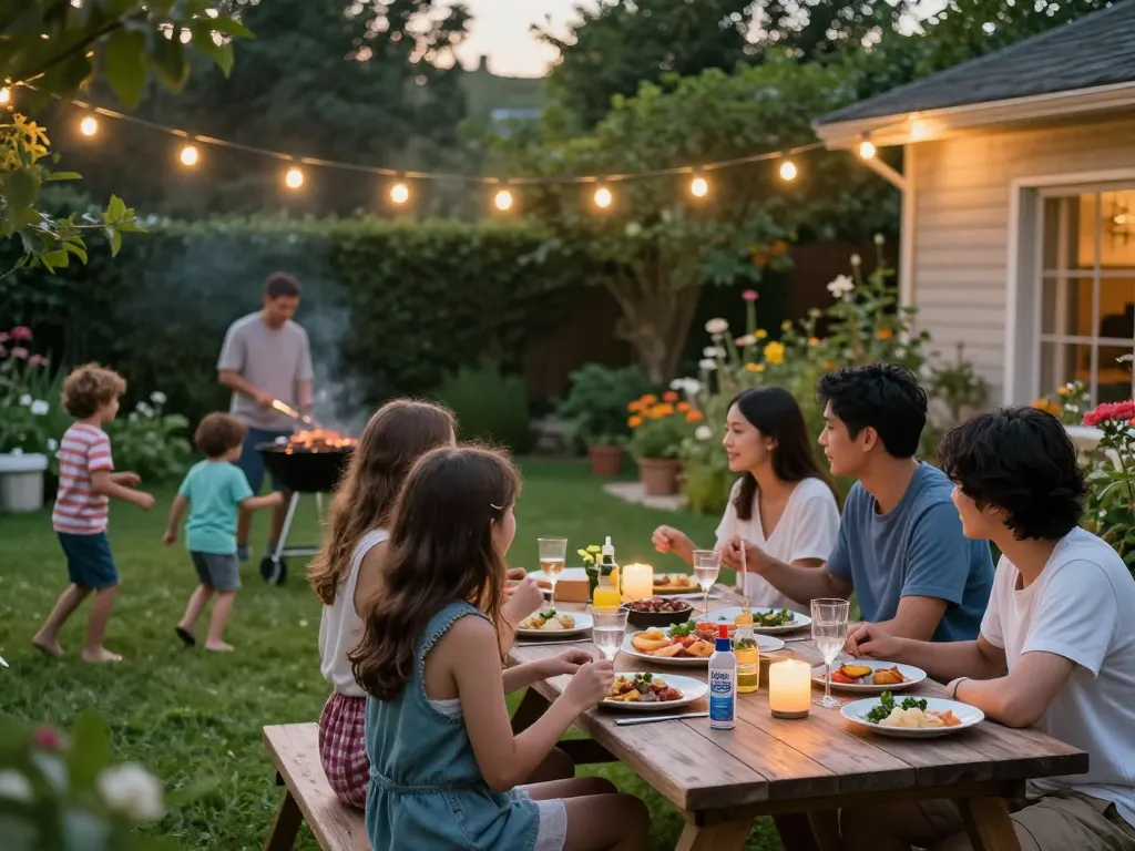 Family gathering showcasing mosquito repellent solutions for a comfortable outdoor barbecue.