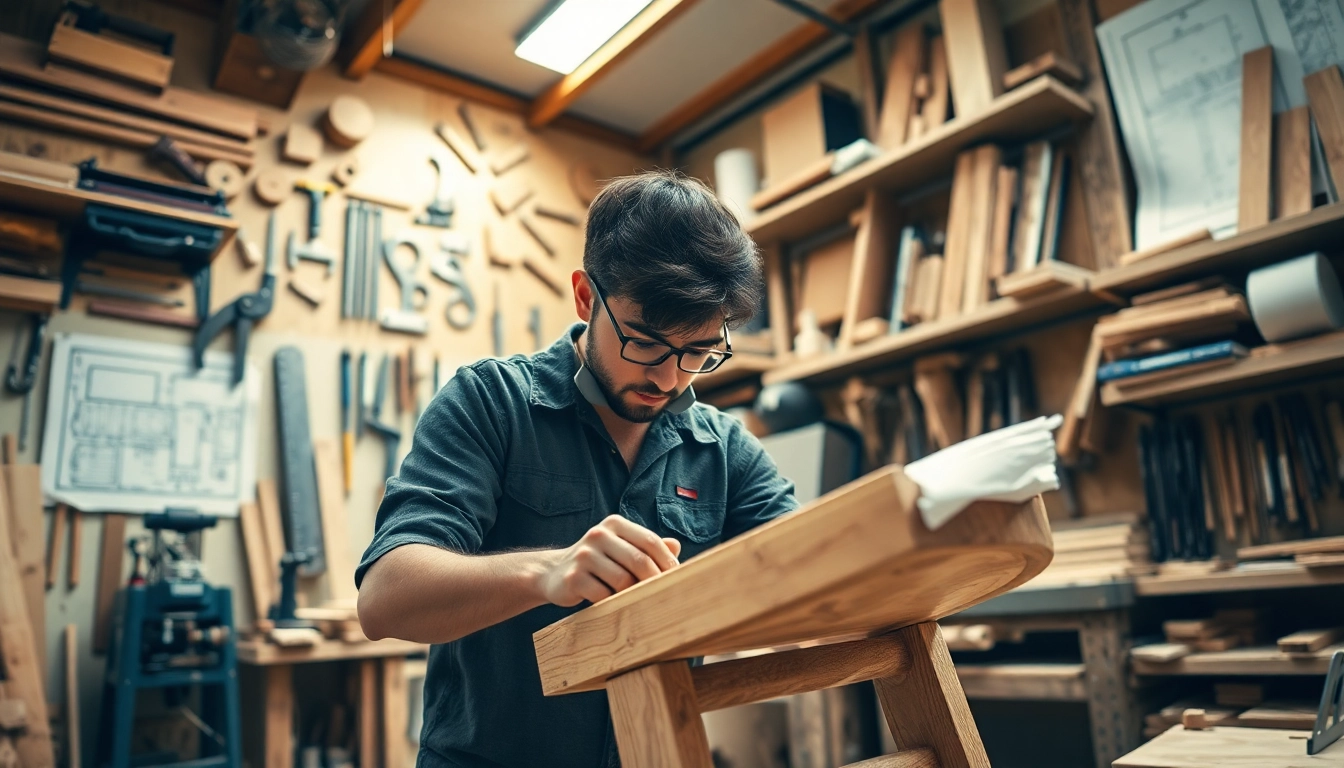Carpentry apprenticeship with an apprentice crafting a wooden chair in a workshop.
