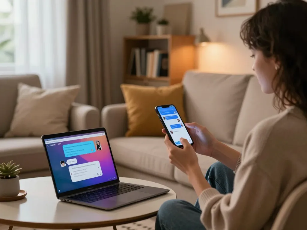 Person engaging in a lively sex chat ai conversation in a cozy home office setting with warm lighting.