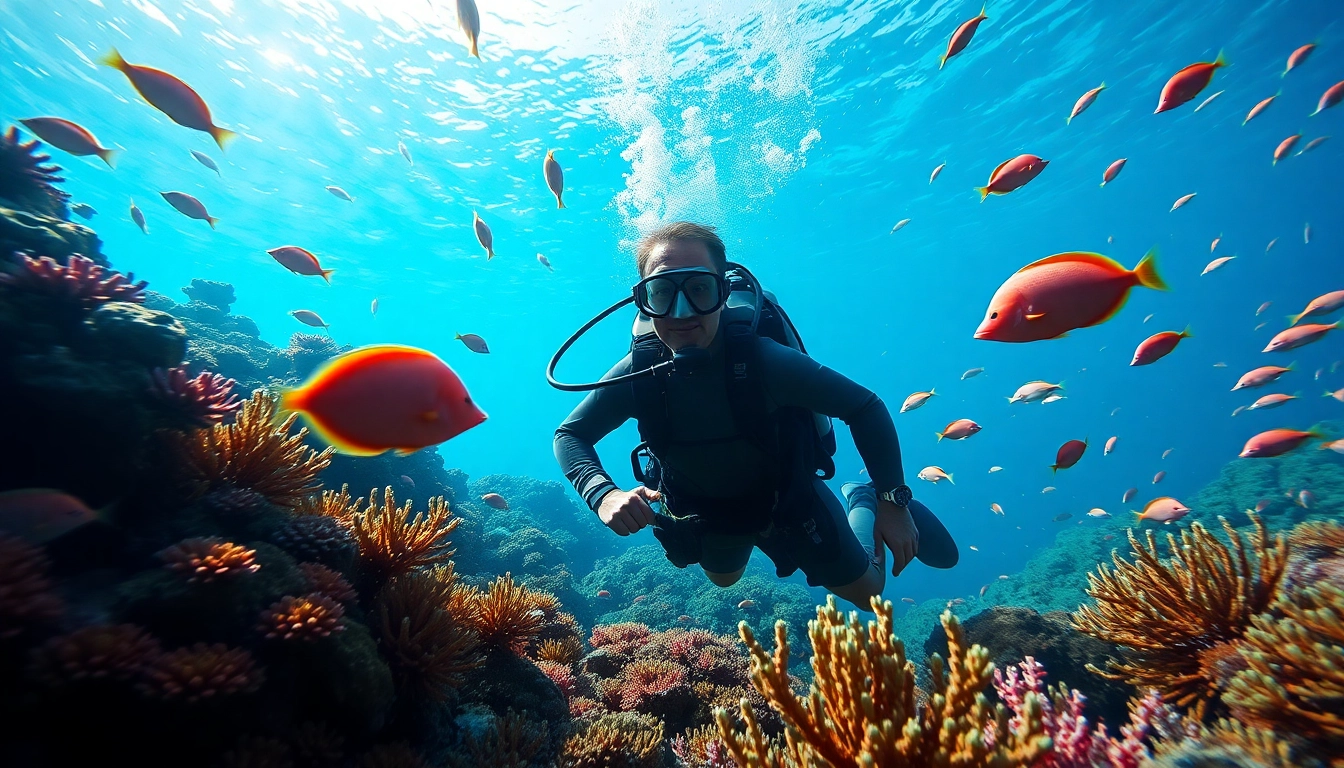 Tauchen in einem lebhaften Korallenriff mit Fischen und Pflanzen im Hintergrund.