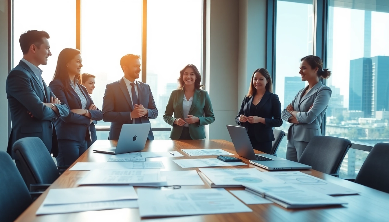 Professionals engaging in discussion about standing on business meaning in a bright office setting.