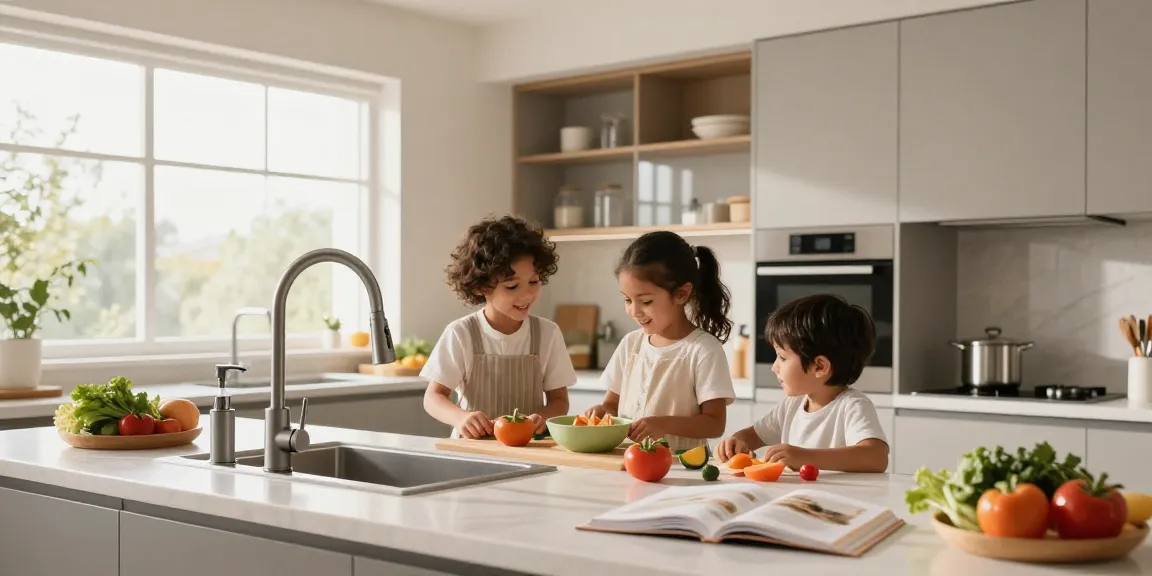 Modern kitchen faucets showcased in a family cooking scene with fresh ingredients.