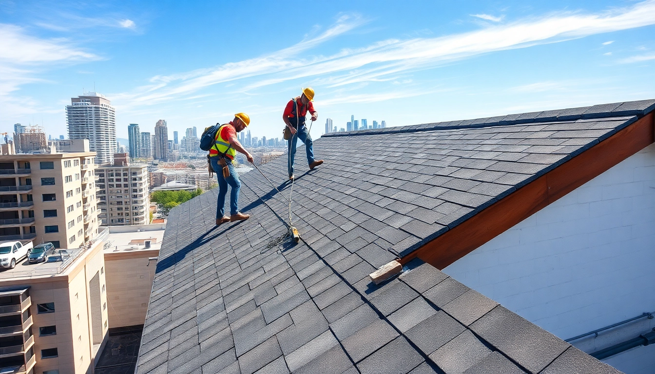 Skilled roof repair technicians working on a roof repair project.