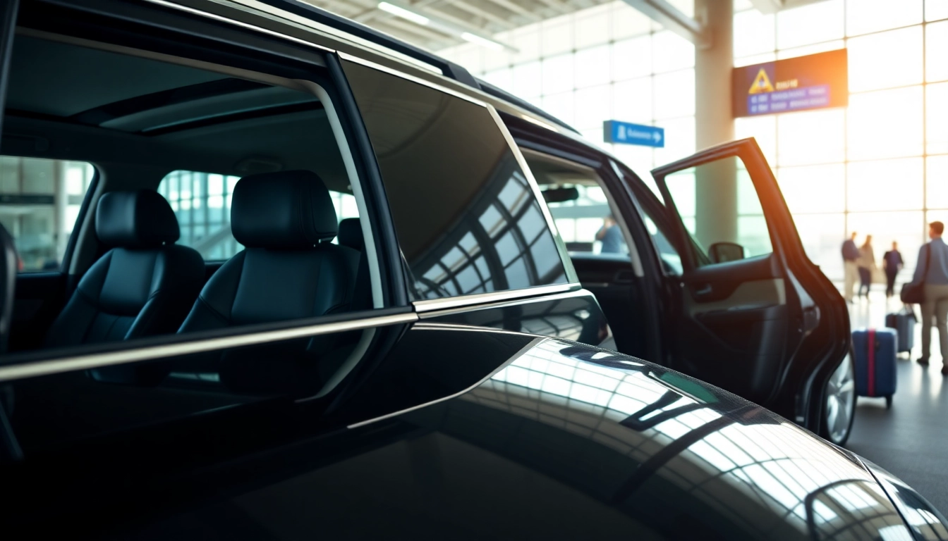 Luxurious private airport transfers with a sleek SUV in a busy airport terminal setting.