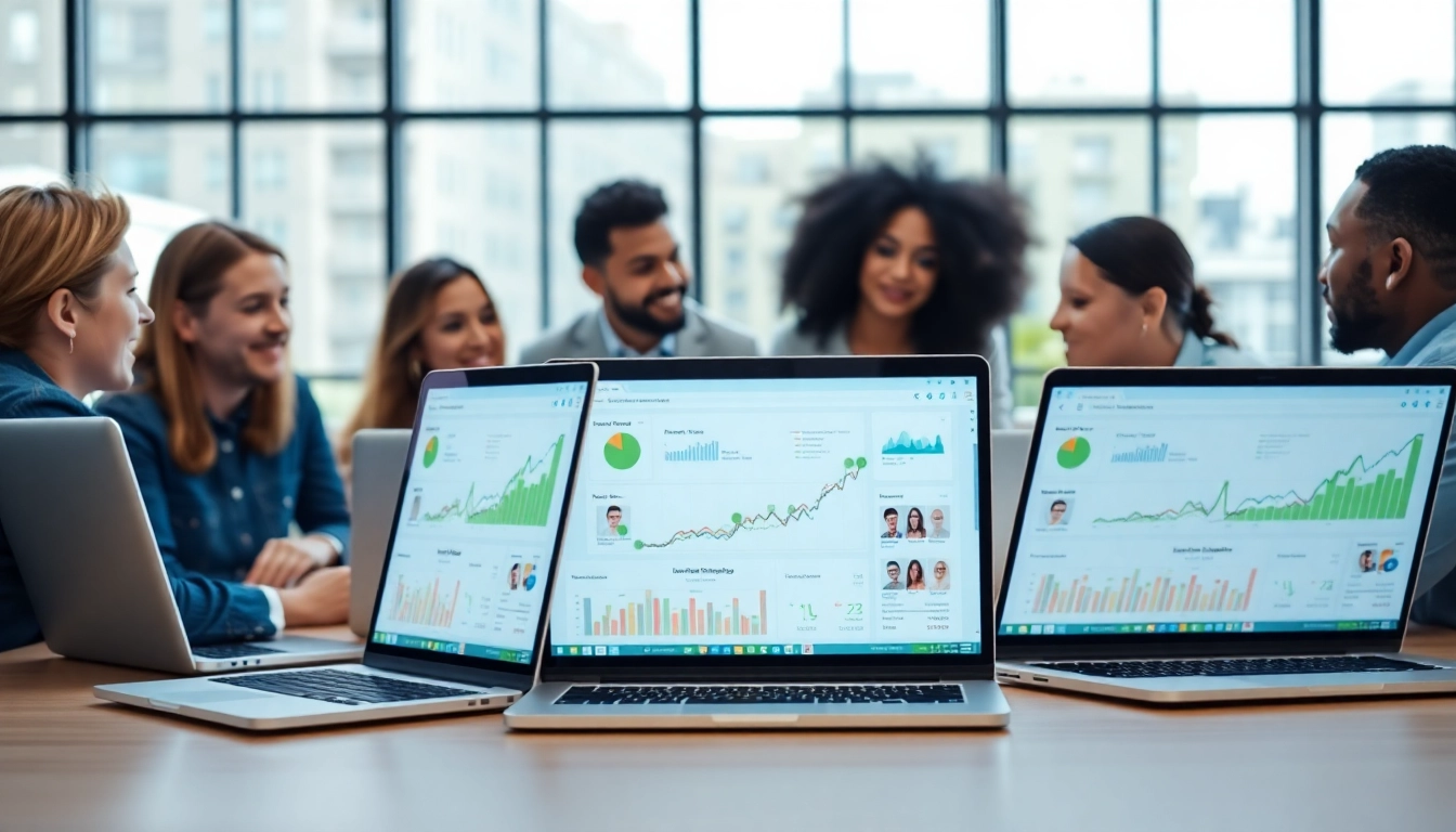 Team collaboration in social media marketing companies edmonton, showcasing vibrant analytics and discussion.