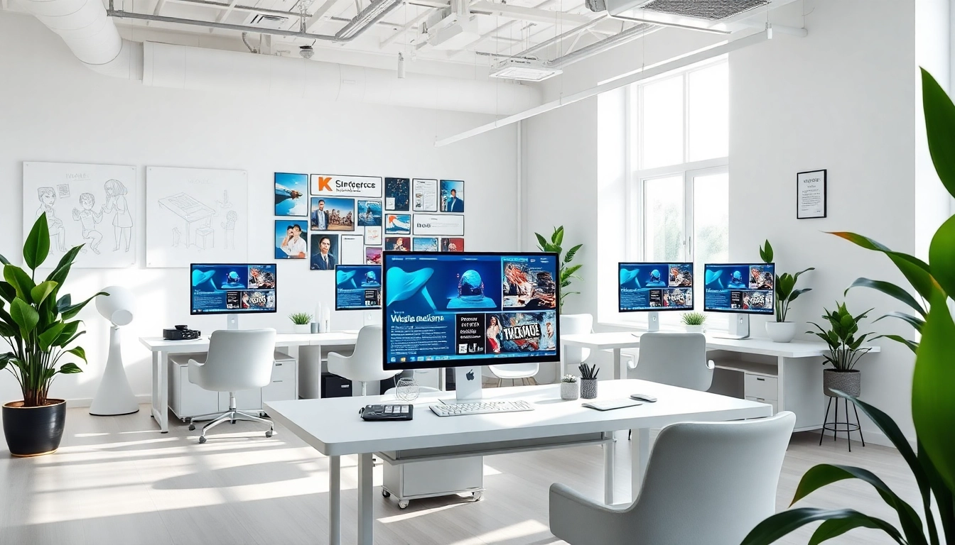 Webdesign Agentur mit modernem Büro und kreativen Designelementen gestalten.