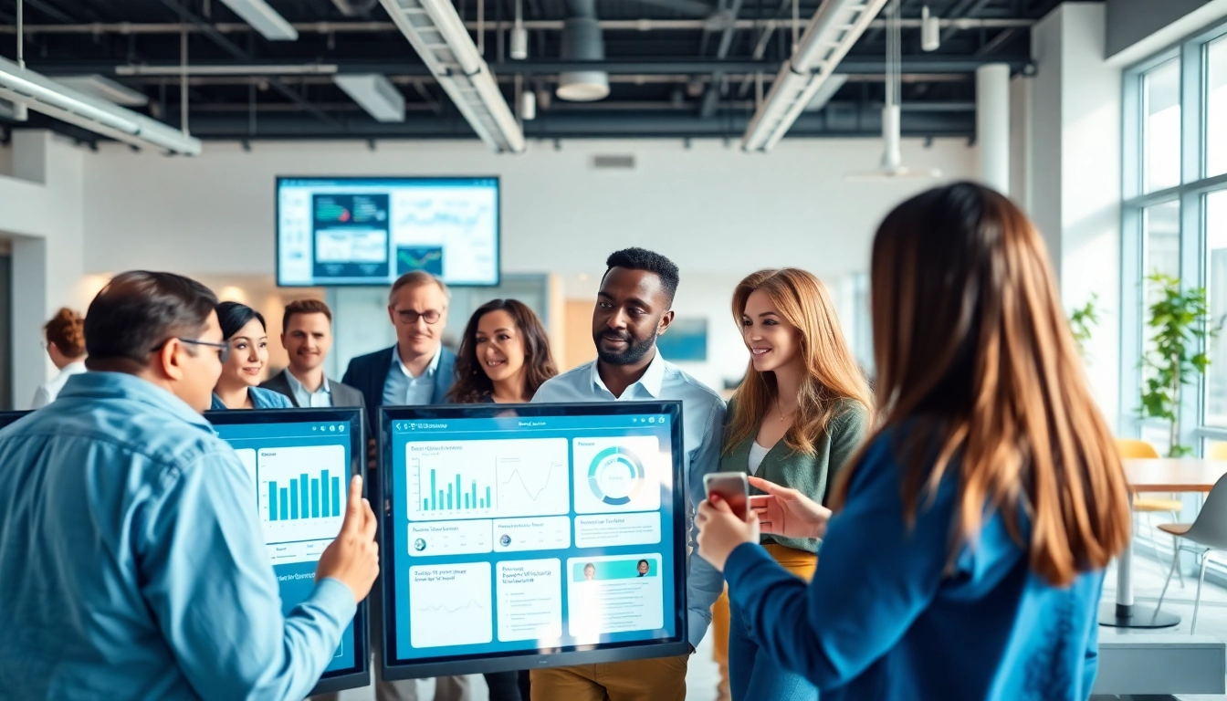 Showcasing a team using enterprise assistant software for collaborative tasks in a bright office.