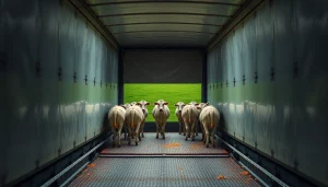 Transporte de colmenas en un camión especializado dispuesto en un campo verde.