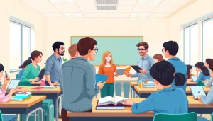 Enhance Education engagement with students joyfully participating in a collaborative classroom.