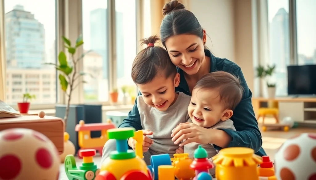 Engaging Full-time Nanny Dubai playing with a child in a bright, modern apartment.