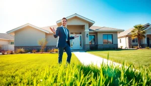 Highlighting a stunning modern home in a bright suburban setting with a real estate agent inviting potential buyers.