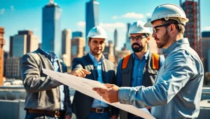 Workers collaborating on plans with Manhattan skyline, showcasing Manhattan Commercial General Contractor expertise.