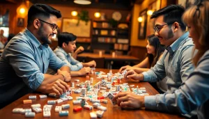 Menampilkan pemain serius dalam permainan domino88 game dengan susunan domino yang menarik.