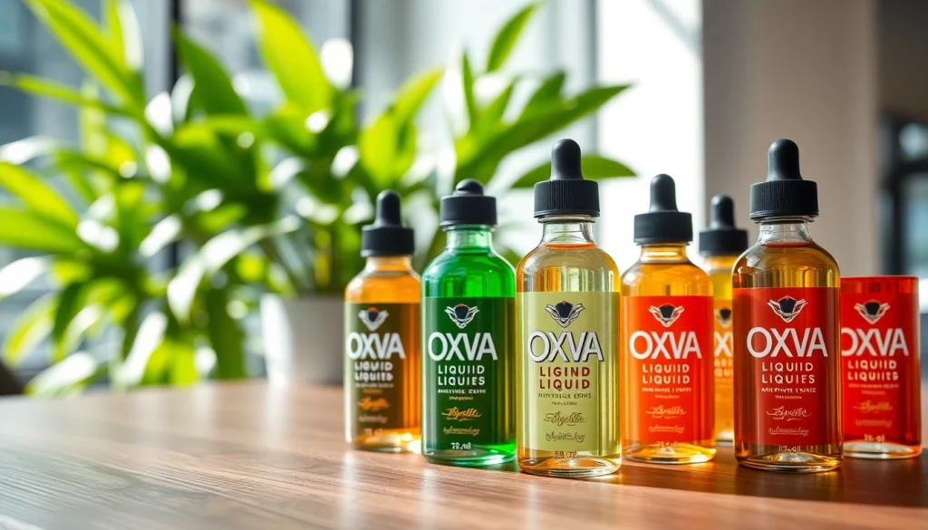 Oxva Liquid Flaschen auf modernem Holztisch mit lebendiger grüner Pflanze im Hintergrund.