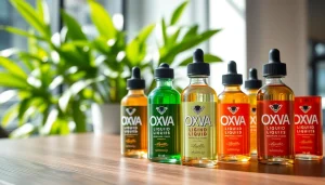 Oxva Liquid Flaschen auf modernem Holztisch mit lebendiger grüner Pflanze im Hintergrund.