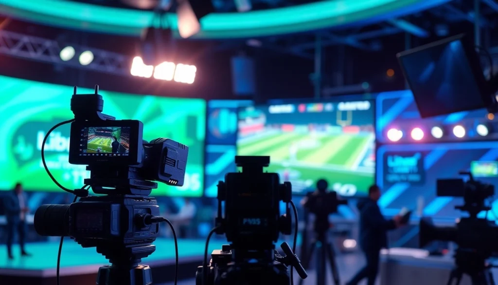 실시간 스포츠중계를 제공하는 방송 세팅의 근접 촬영 모습으로, 고화질 화면이 돋보입니다.