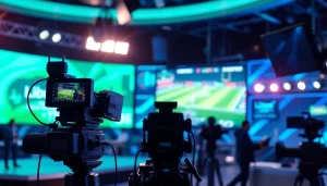 실시간 스포츠중계를 제공하는 방송 세팅의 근접 촬영 모습으로, 고화질 화면이 돋보입니다.