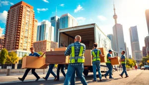 Toronto movers expertly lifting furniture in a vibrant cityscape.
