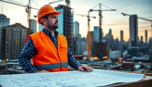 New York Construction Manager coordinating a project with blueprints in a vibrant urban setting.