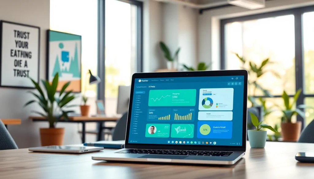 Visualize a vibrant workspace with a cheap smm panel interface on a laptop.