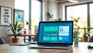 Visualize a vibrant workspace with a cheap smm panel interface on a laptop.