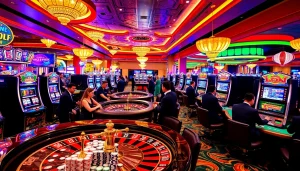 Casino gaming scene featuring KJC brand elements, showcasing vibrant tables and exciting players.