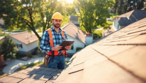 Inspecting high-quality roofing solutions with a roofing contractor in a residential neighborhood.