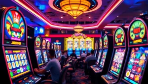 Temukan slot gacor hari ini dengan mesin slot berwarna cerah dan pemain yang terlibat dalam permainan.