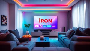 Showcase of iron IPTV services on a large screen in a modern living room setting.