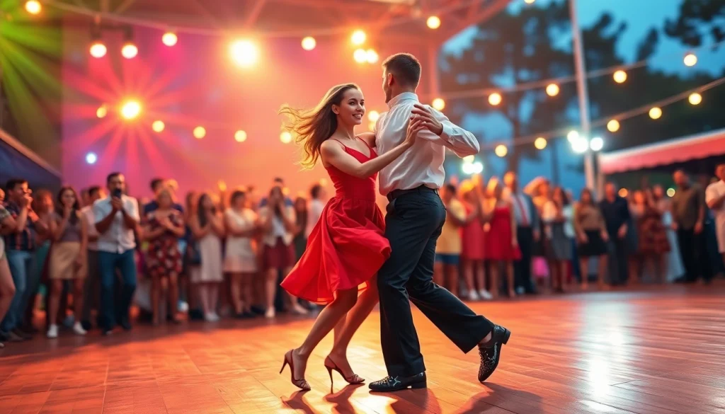 Dancers showcasing the energetic Carolina Dance in a colorful outdoor performance environment.
