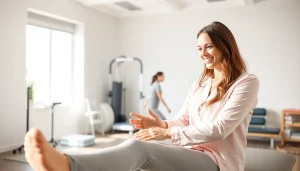 Engaging physical therapy marketing scene featuring a therapist assisting a patient in a bright clinic.