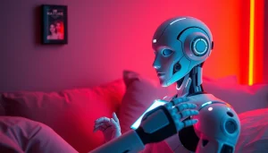 AI sex interactions with a humanoid robot in an intimate, futuristic setting.