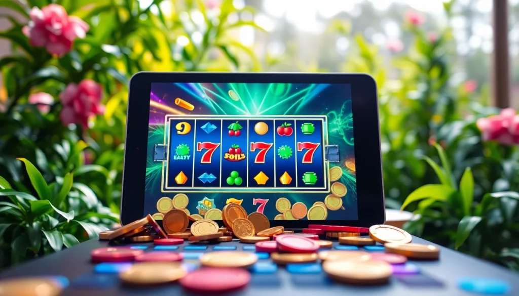 Permainan slot deposit 1k yang menarik dengan layar perangkat digital dan token berwarna-warni.