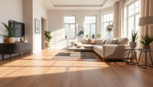 Carrelage imitation parquet dans un salon moderne avec lumière naturelle.