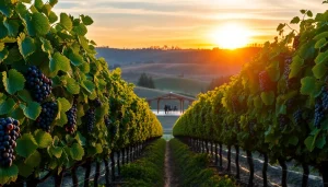 Experience the lush vineyards showcasing wineries in Clarksburg at sunset, capturing a warm and inviting atmosphere.