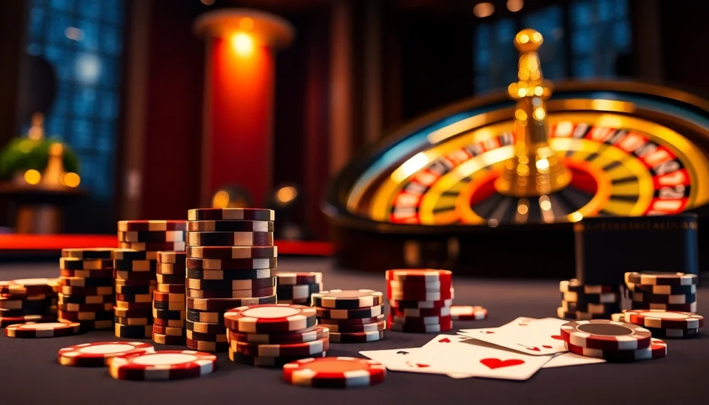 RR88 casino setting with vibrant poker chips, playing cards, and an elegant roulette wheel.