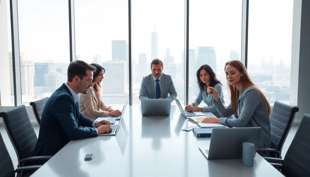Crisis management consultant strategizing with team in a modern office setting.