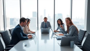 Crisis management consultant strategizing with team in a modern office setting.