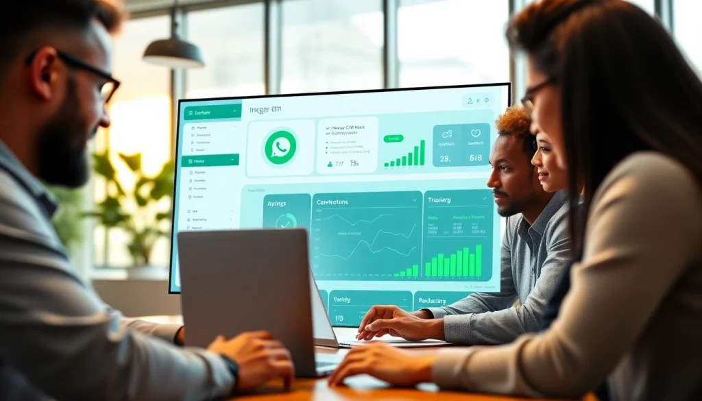 Team collaborating on WhatsApp Smart CRM dashboard in a modern office.