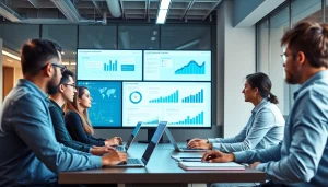 Team analyzing online email verification metrics in a modern office.