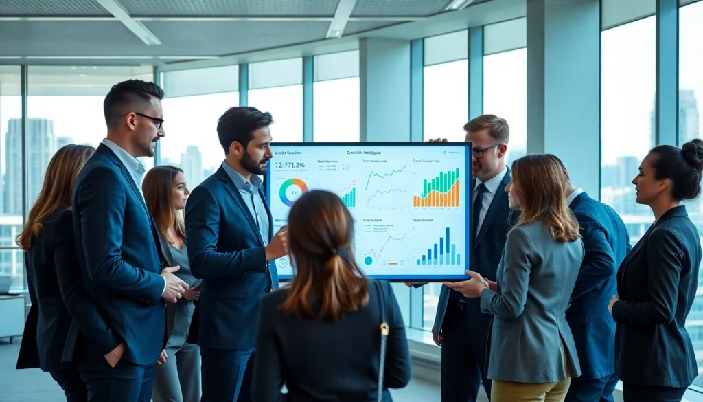 Team collaborating on competitive intelligence insights with data visualizations in a modern office.