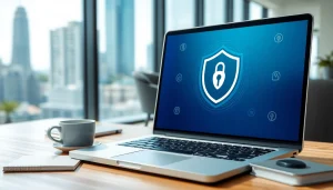 Visual representation of a user exploring a secure vpn interface in a contemporary office.