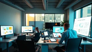 Professional web design team collaborating on dịch vụ thiết kế website concepts in a modern office.