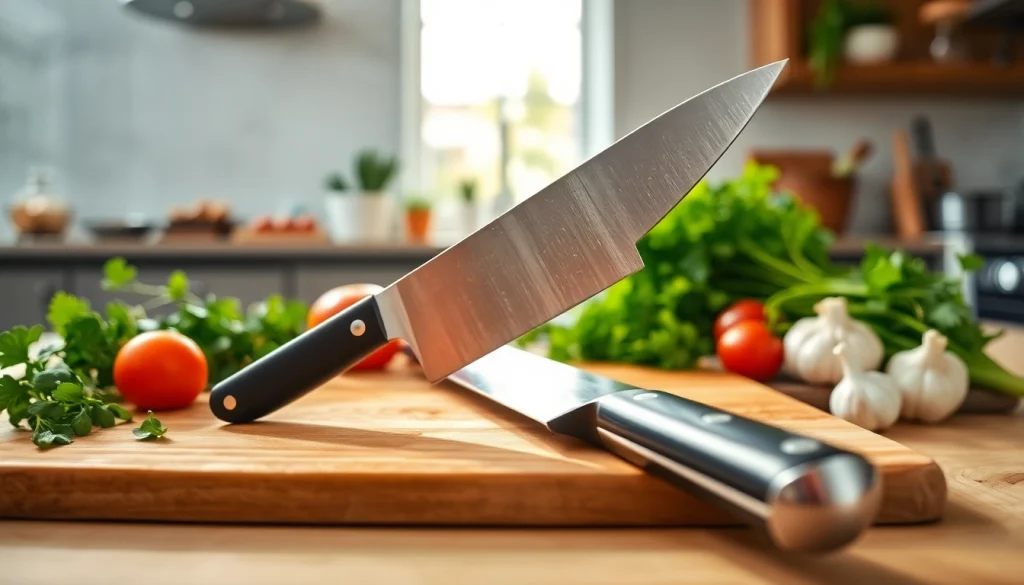 Prepare meals effortlessly with a sharp chef’s knife NZ showcased on a cutting board.