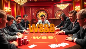 Tham gia một ván poker kịch tính tại casino W88, nổi bật với những đồng chip màu sắc và lá bài sống động.