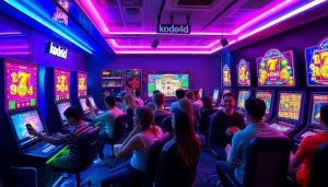 Kode4d gaming hub with players enjoying vibrant slot games, showcasing a lively atmosphere.