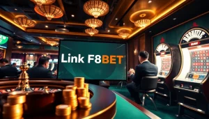 Experience thrilling online gambling with the Link F8BET, showcasing luxurious casino elements and modern betting.
