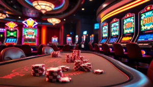 Engaging scene showcasing agen toto slot excitement with vibrant slot machines and poker tables.