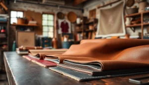 Bekijk skai leer producten in een stijlvolle werkplaats met rijke texturen.