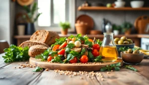 Prepare a colorful Mediterranean diet meal with fresh vegetables, olives, and whole grains.